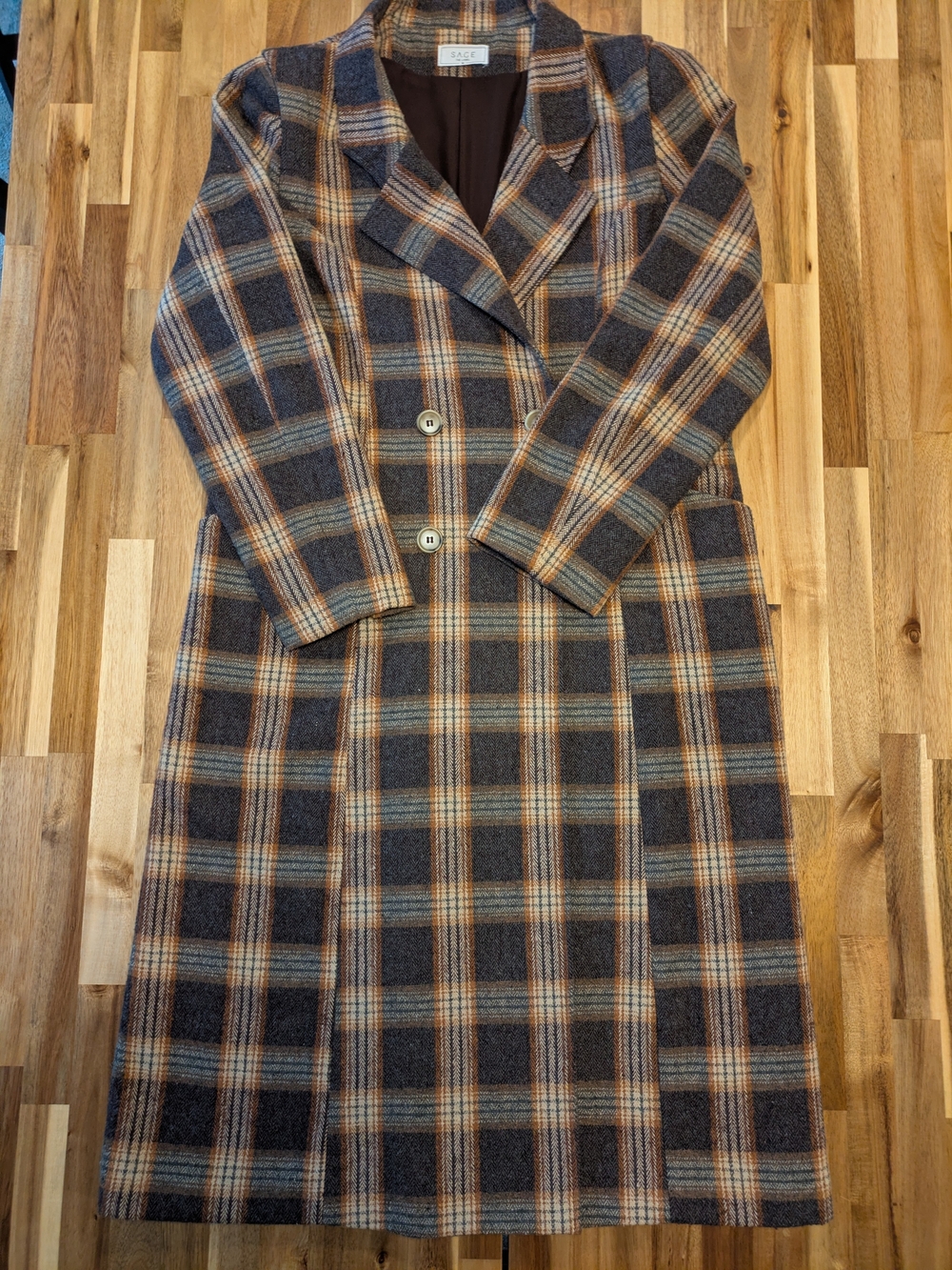 Sage Plaid Long Trench Coat in Brown, Gray and Tan Wool Sz M